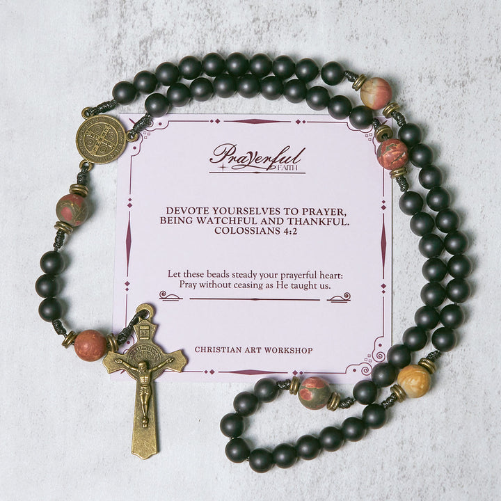 Christianartworkshop PRAYERFUL FAITH:Handcrafted Matte Black and Earth-Tone Rosary Featuring St. Benedict - PRAYERFUL FAITH - image 1