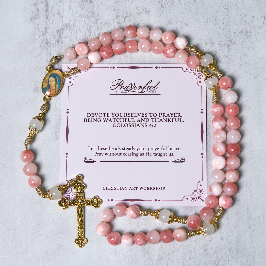 Christianartworkshop PRAYERFUL FAITH: Handmade Pink Glossy Beads Rosary with Brass Crucifix and Our Lady Charm - PRAYERFUL FAITH - image 1