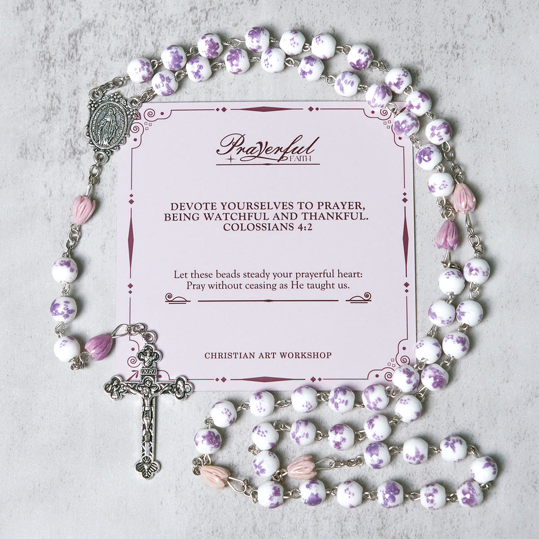 Christianartworkshop PRAYERFUL FAITH: Handmade Purple Flower Beads Rosary with Gift Card - PRAYERFUL FAITH - image 1