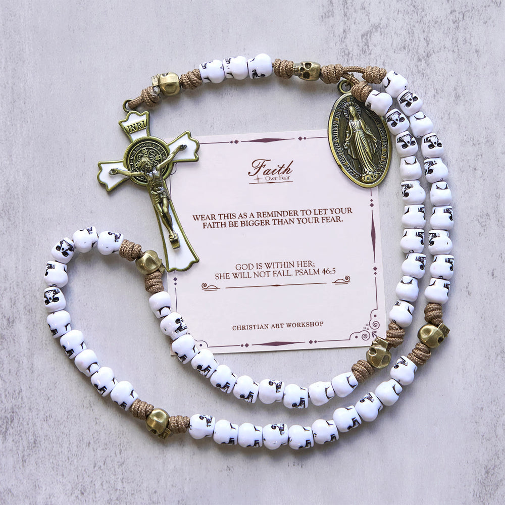 Christianartworkshop PRAYERFUL FAITH: Rebel Style White Skull Beads Rosary with Gift Card - FAITH OVER FEAR - image 2