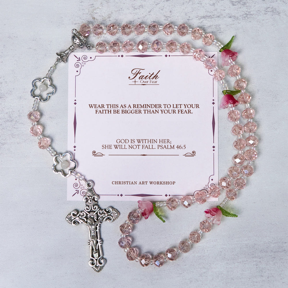 Christianartworkshop PRAYERFUL FAITH: Handmade Elegant Pink Crystal Rosary with 3D Rose Beads with Gift Card - FAITH OVER FEAR - image 2