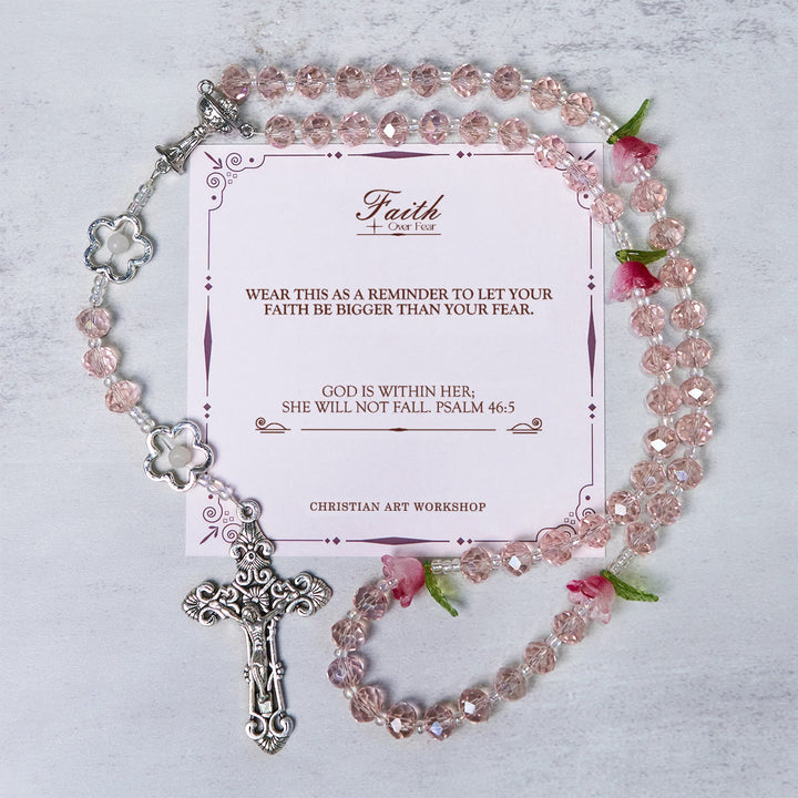 Christianartworkshop PRAYERFUL FAITH: Handmade Elegant Pink Crystal Rosary with 3D Rose Beads with Gift Card - FAITH OVER FEAR - image 2