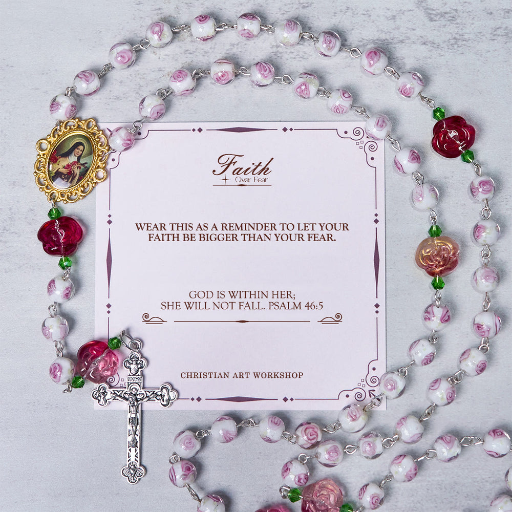 Christianartworkshop PRAYERFUL FAITH: Handmade Rose & Ivory Floral Elegance Rosary with Gift Card - FAITH OVER FEAR - image 2