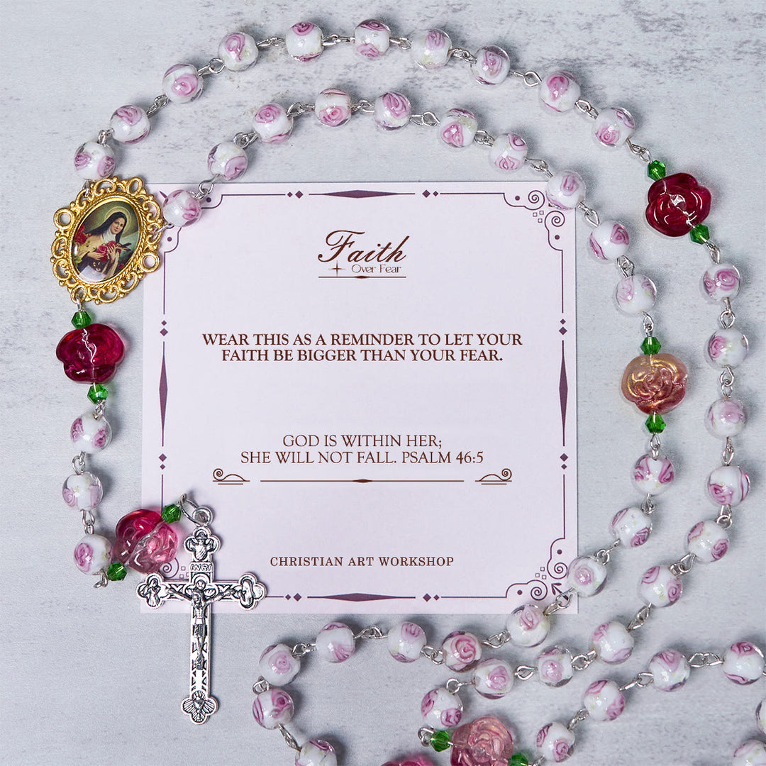 Christianartworkshop PRAYERFUL FAITH: Handmade Rose & Ivory Floral Elegance Rosary with Gift Card - FAITH OVER FEAR - image 2