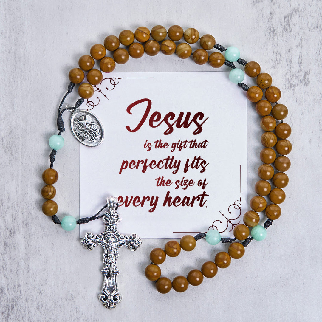 Christianartworkshop PRAYERFUL FAITH: Minimalist Mint and Brown Beads Rosary with Gift Card - Jesus is the Gift - image 1