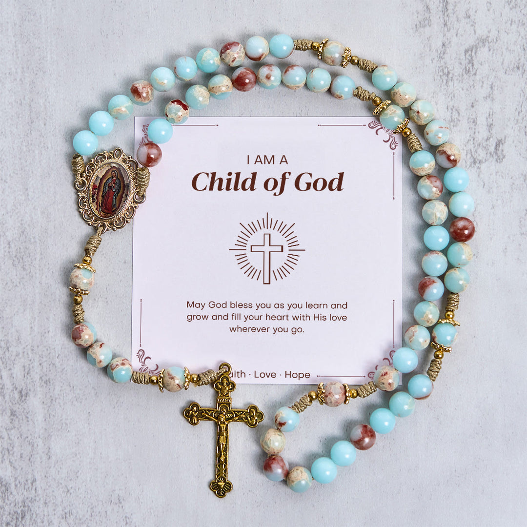 Christianartworkshop PRAYERFUL FAITH: Handmade Aqua Stone Prayer Rosary with Gift Card - Child of God - image 2