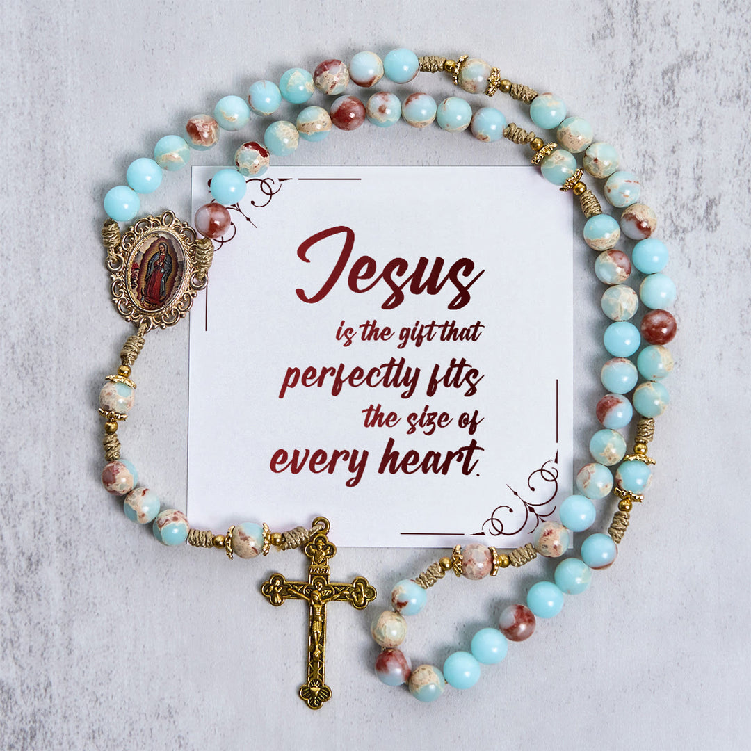 Christianartworkshop PRAYERFUL FAITH: Handmade Aqua Stone Prayer Rosary with Gift Card - Jesus is the Gift - image 1