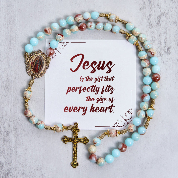 Christianartworkshop PRAYERFUL FAITH: Handmade Aqua Stone Prayer Rosary with Gift Card - Jesus is the Gift - image 1