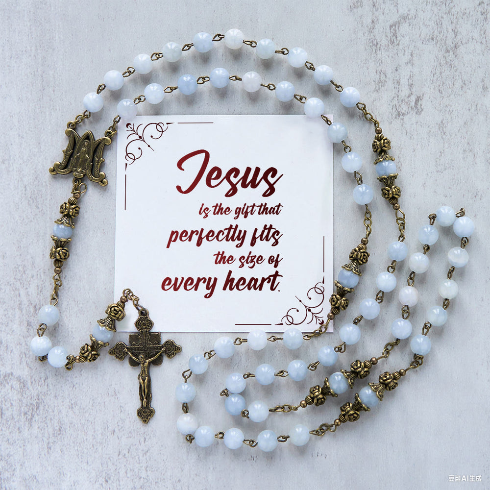 Christianartworkshop PRAYERFUL FAITH: Handmade Rosary with Light Blue Jade Beads and Brass with Gift Card - Jesus is the Gift - image 2