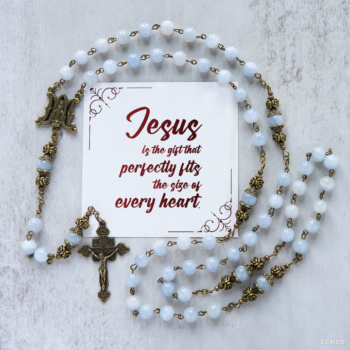 Christianartworkshop PRAYERFUL FAITH: Handmade Rosary with Light Blue Jade Beads and Brass with Gift Card - Jesus is the Gift - image 2