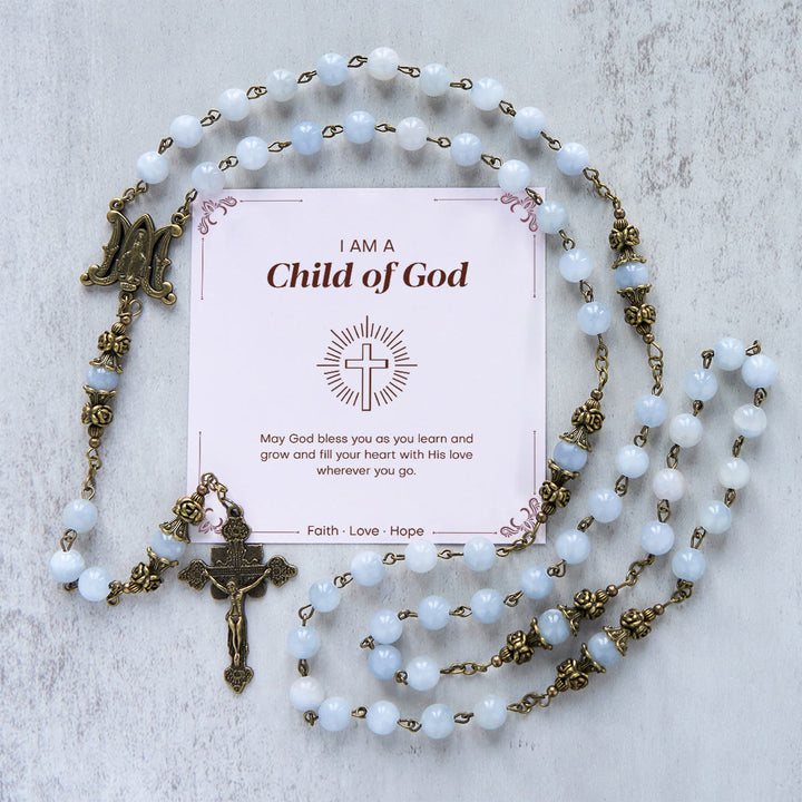 Christianartworkshop PRAYERFUL FAITH: Handmade Rosary with Light Blue Jade Beads and Brass with Gift Card - Child of God - image 3