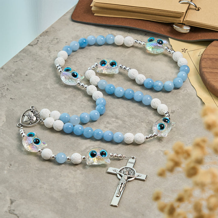 Christianartworkshop Sky Blue Beads Guardian Kitty Rosary with Sacred Heart & Crucifix - Cat Rosary - image 1