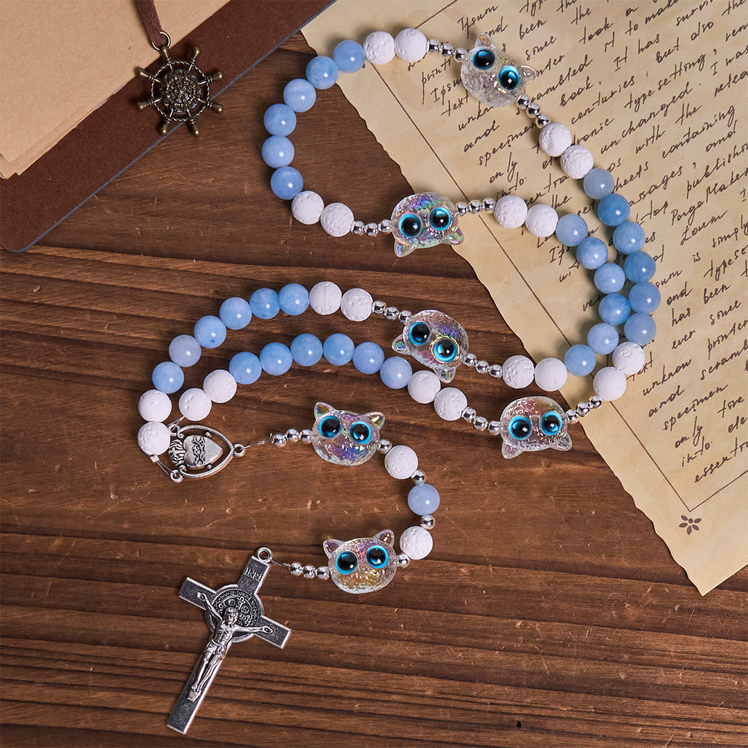 Christianartworkshop Sky Blue Beads Guardian Kitty Rosary with Sacred Heart & Crucifix - image 5