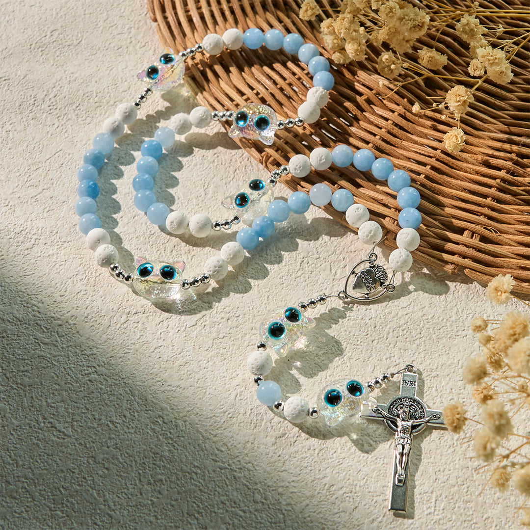 Christianartworkshop Sky Blue Beads Guardian Kitty Rosary with Sacred Heart & Crucifix - image 4