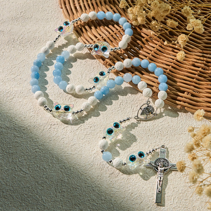 Christianartworkshop Sky Blue Beads Guardian Kitty Rosary with Sacred Heart & Crucifix - image 4