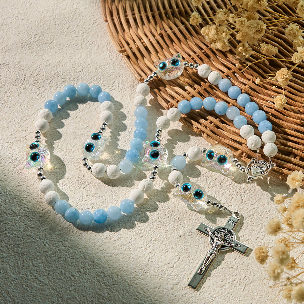 Christianartworkshop Sky Blue Beads Guardian Kitty Rosary with Sacred Heart & Crucifix - image 2