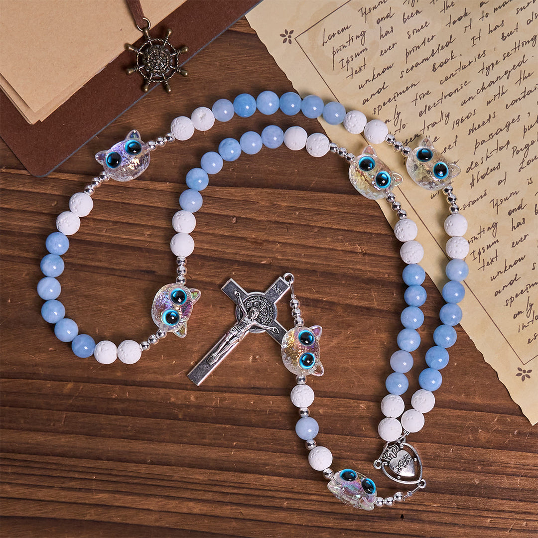 Christianartworkshop Sky Blue Beads Guardian Kitty Rosary with Sacred Heart & Crucifix - image 6