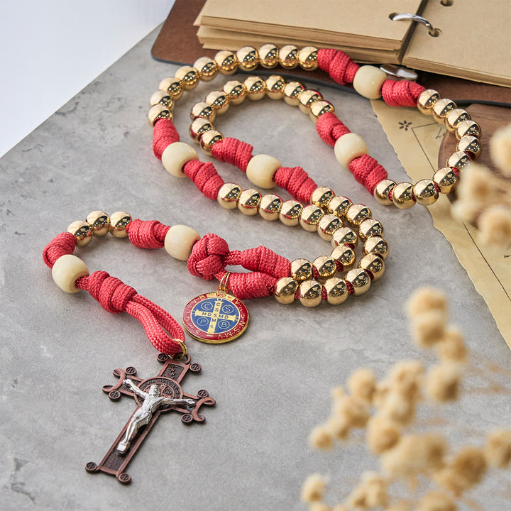 Christianartworkshop Golden Glory Beads Red Paracord Rosary with St. Benedict  - St. Benedict & Crucifix - image 1