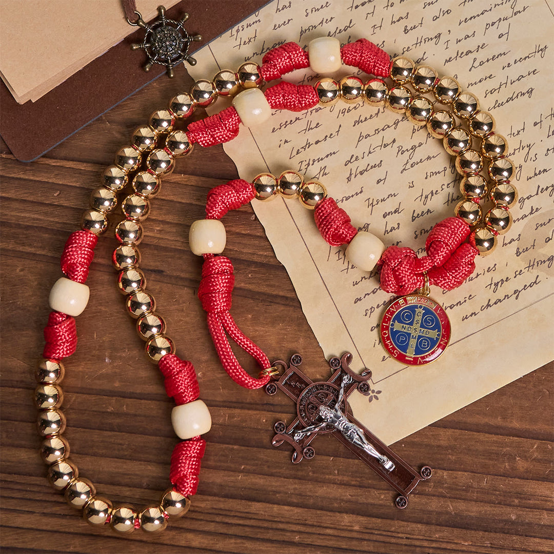 Christianartworkshop Golden Glory Beads Red Paracord Rosary with St. Benedict  - image 5