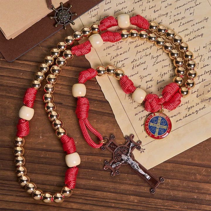 Christianartworkshop Golden Glory Beads Red Paracord Rosary with St. Benedict  - image 5
