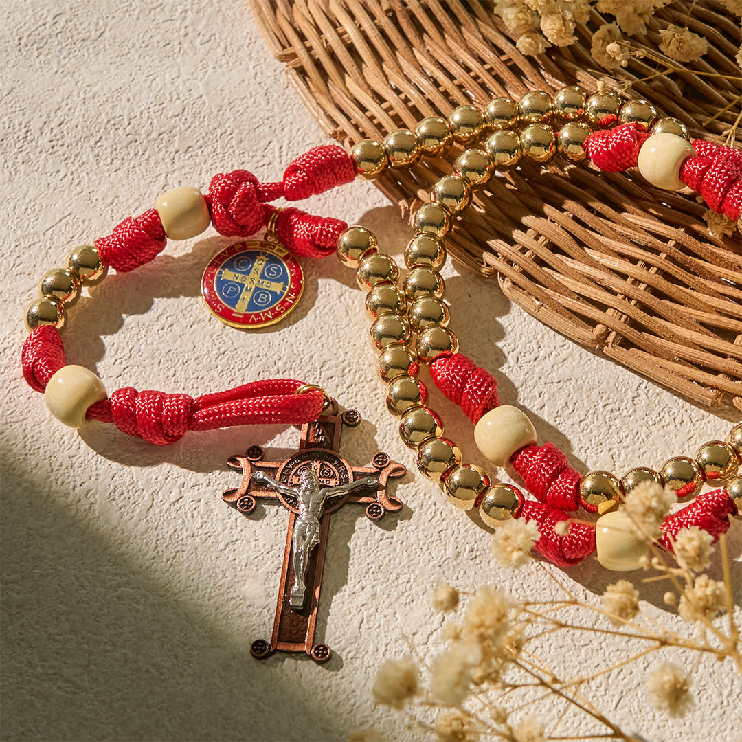 Christianartworkshop Golden Glory Beads Red Paracord Rosary with St. Benedict  - image 3