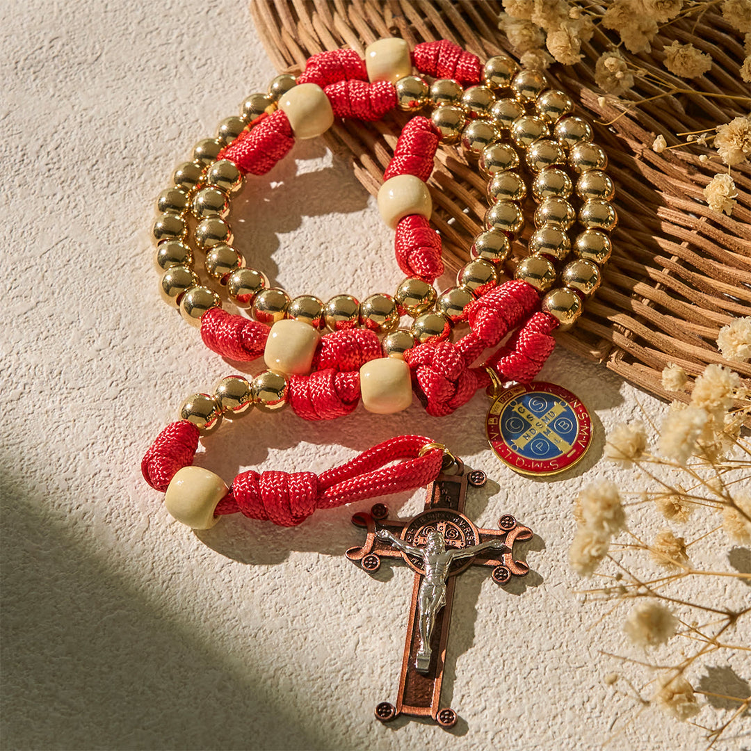 Christianartworkshop Golden Glory Beads Red Paracord Rosary with St. Benedict  - image 2