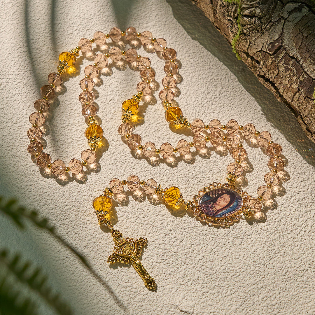 Christianartworkshop Shimmering Amber Beads Rosary Featuring Graceful Our Lady of Guadalupe Medal - image 3