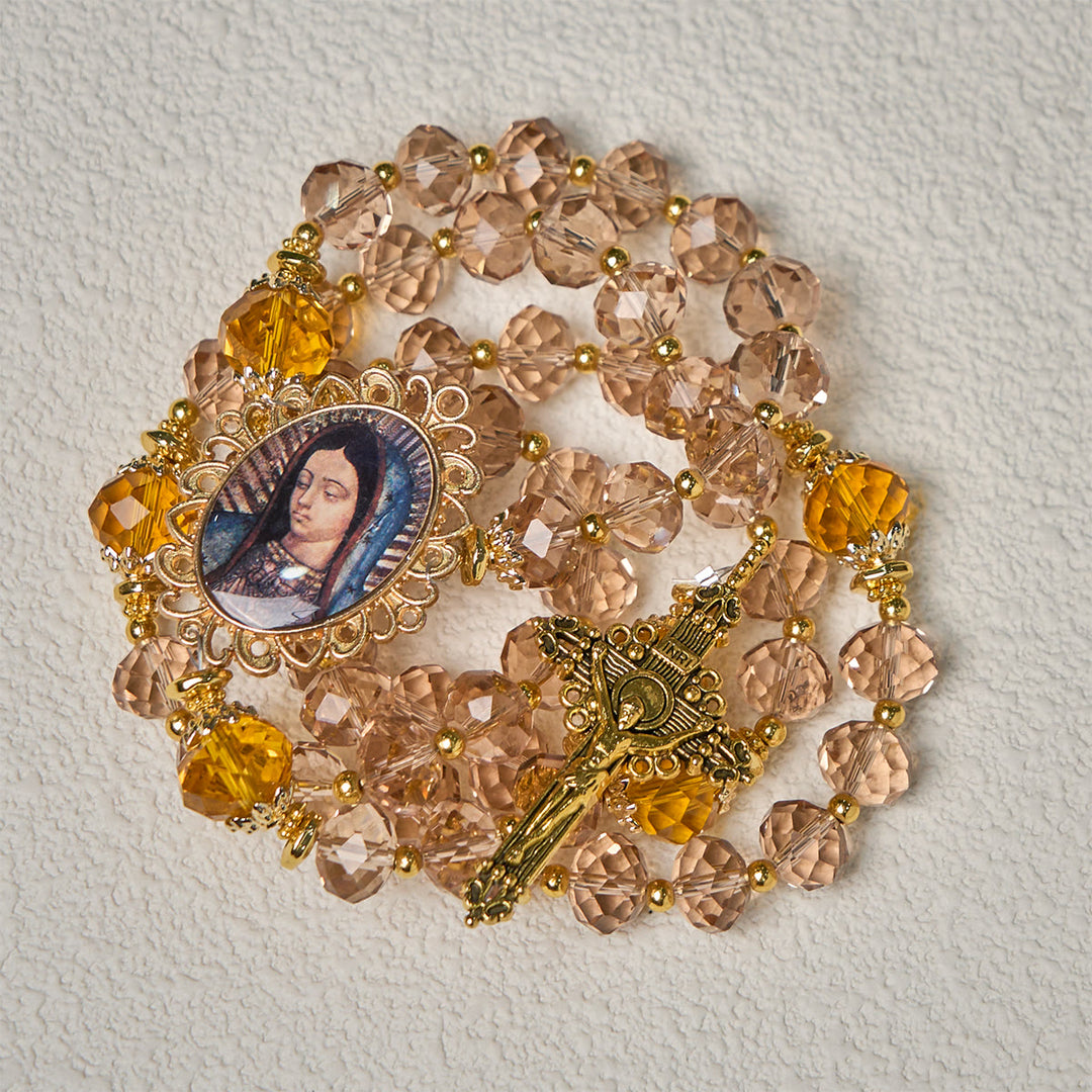 Christianartworkshop Shimmering Amber Beads Rosary Featuring Graceful Our Lady of Guadalupe Medal - Our Lady - image 1