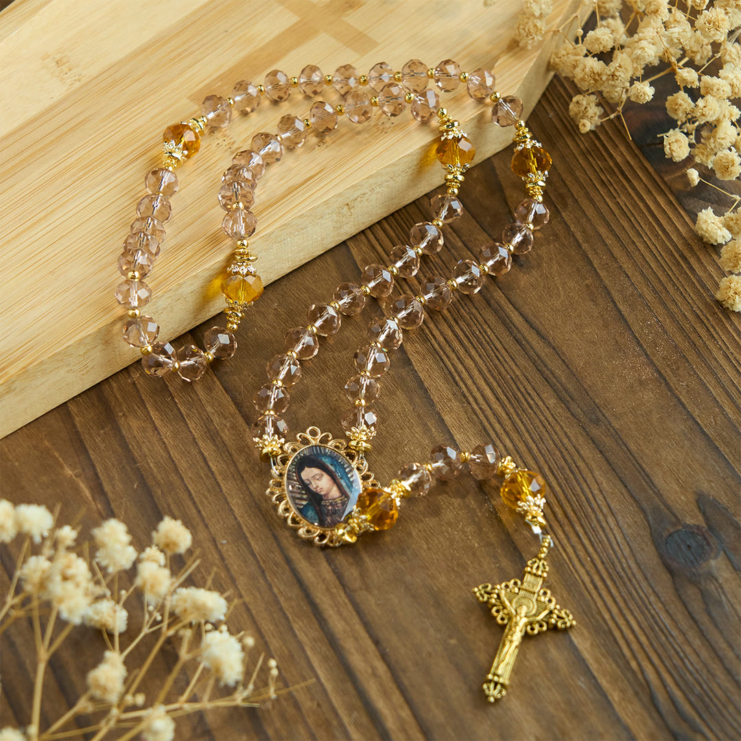 Christianartworkshop Shimmering Amber Beads Rosary Featuring Graceful Our Lady of Guadalupe Medal - image 6