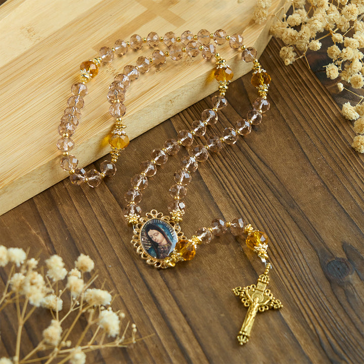 Christianartworkshop Shimmering Amber Beads Rosary Featuring Graceful Our Lady of Guadalupe Medal - image 6