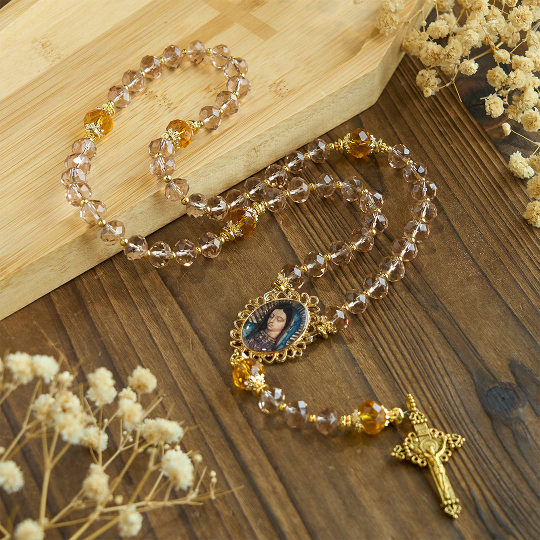 Christianartworkshop Shimmering Amber Beads Rosary Featuring Graceful Our Lady of Guadalupe Medal - image 2
