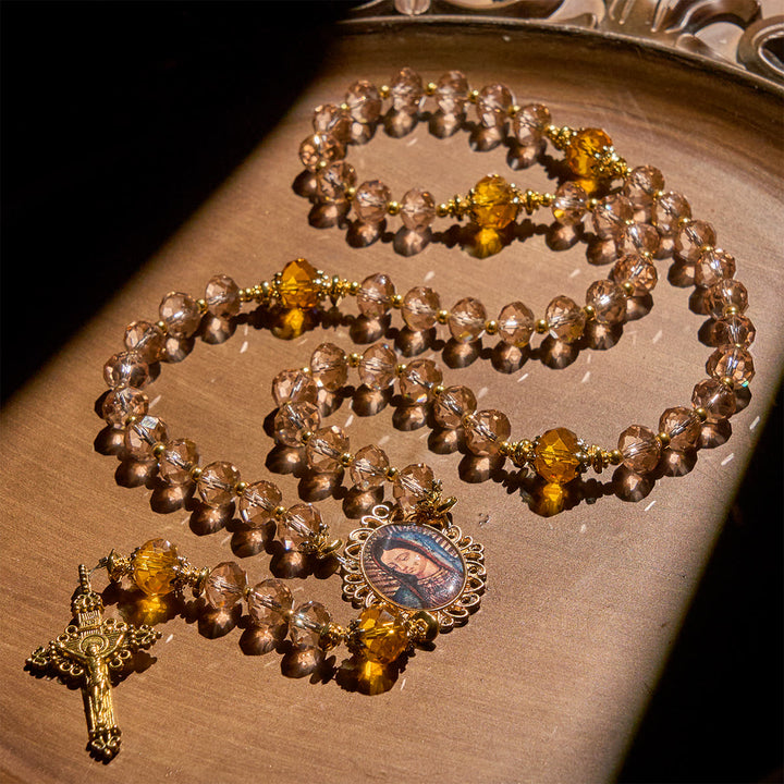 Christianartworkshop Shimmering Amber Beads Rosary Featuring Graceful Our Lady of Guadalupe Medal - image 5
