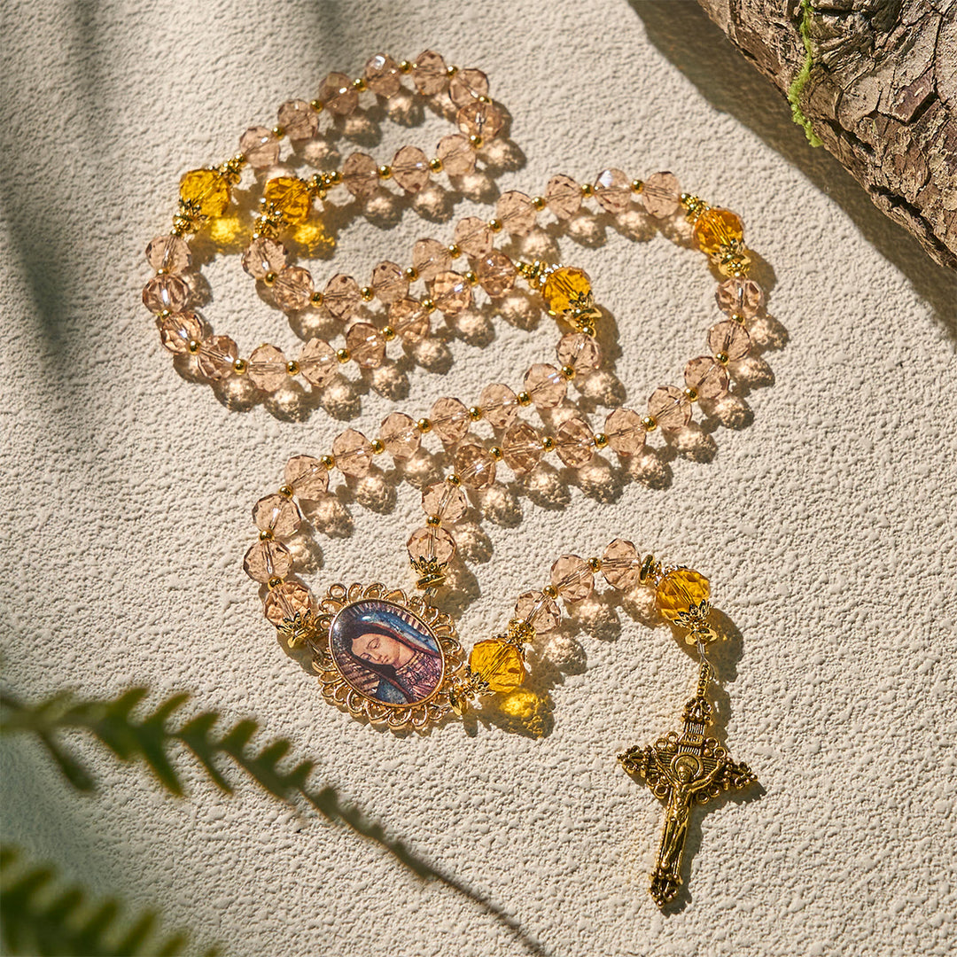 Christianartworkshop Shimmering Amber Beads Rosary Featuring Graceful Our Lady of Guadalupe Medal - image 4
