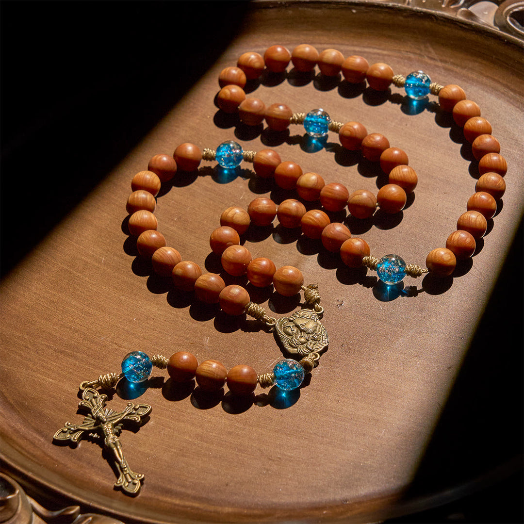 Christianartworkshop Rustic Brown and Ocean Blue Rosary with Holy Family Guidance and Blessing - Holy Family - image 1