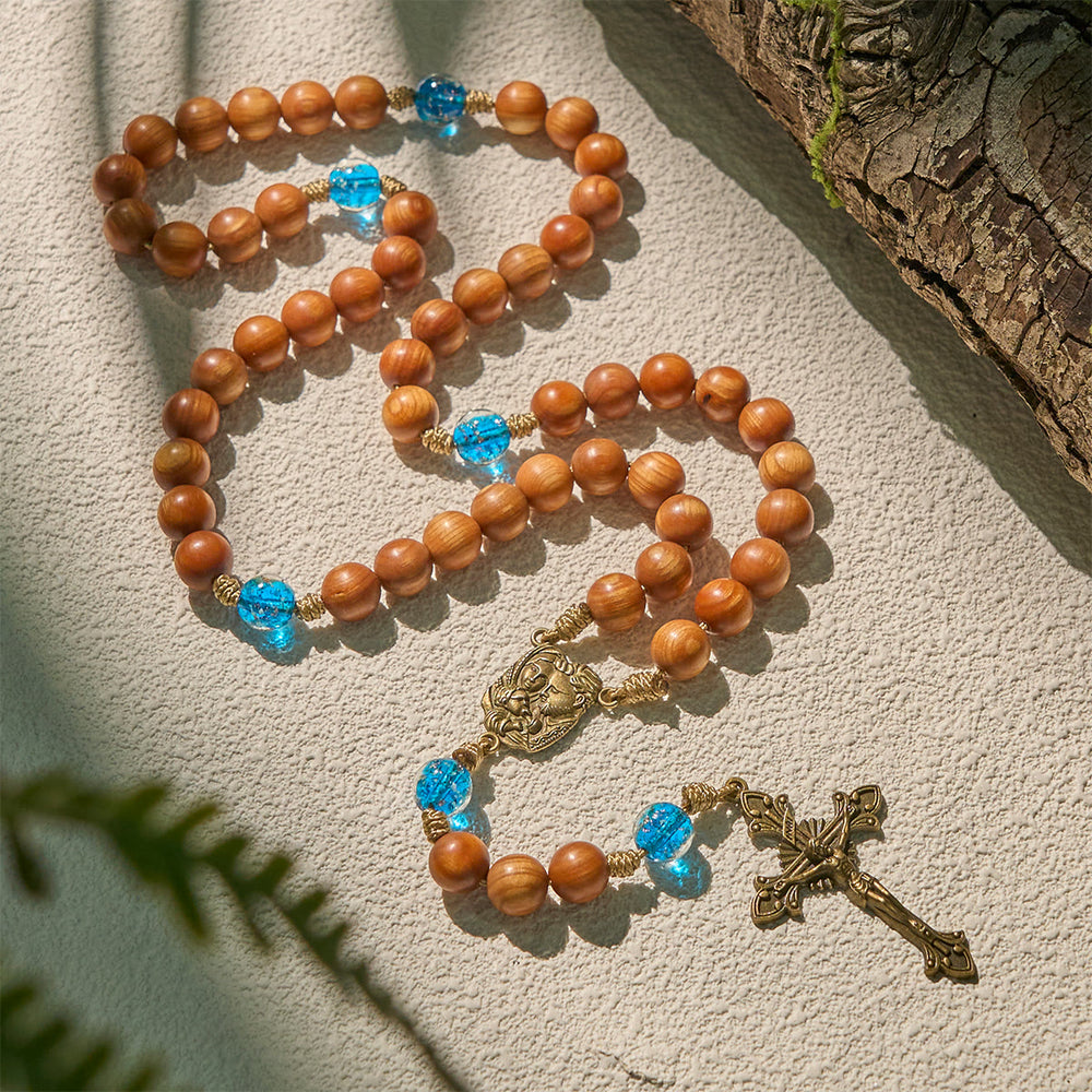 Christianartworkshop PRAYERFUL FAITH: Rustic Brown and Ocean Blue Rosary with Holy Family - image 2