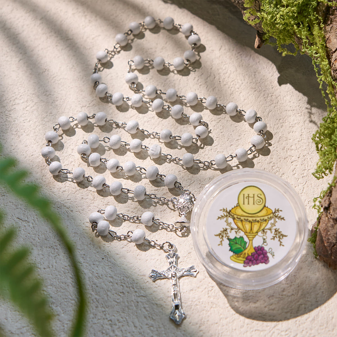Christianartworkshop Divine Wooden Holy Chalice Communion Rosary in White with Gift Box Bundle - Holy Chalice IHS Case - image 1