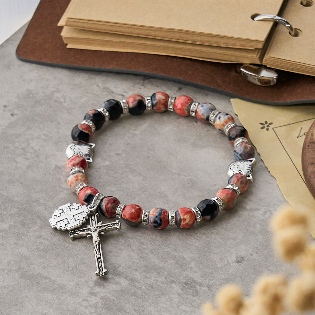 Christianartworkshop Calico Cat Pray Rosary & Bracelets Memorial Set in Artificial Marbling Agate Beads - image 13