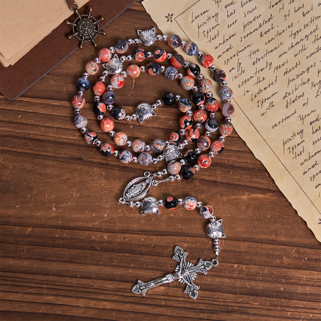 Christianartworkshop Calico Cat Pray Rosary & Bracelets Memorial Set in Artificial Marbling Agate Beads - image 7