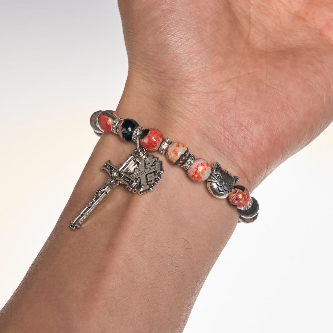 Christianartworkshop Calico Cat Pray Rosary & Bracelets Memorial Set in Artificial Marbling Agate Beads - image 3