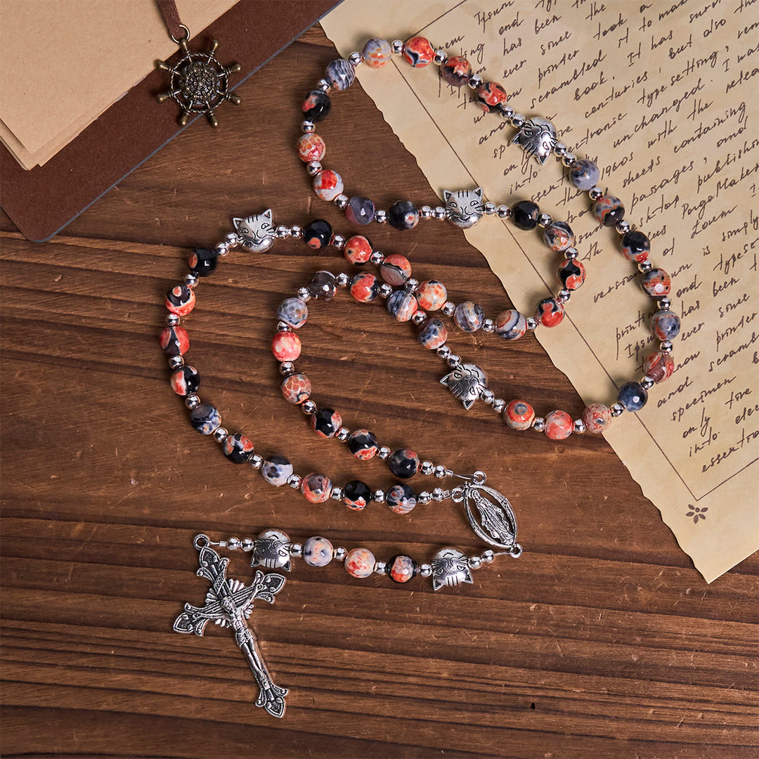 Christianartworkshop Calico Cat Pray Rosary & Bracelets Memorial Set in Artificial Marbling Agate Beads - image 8