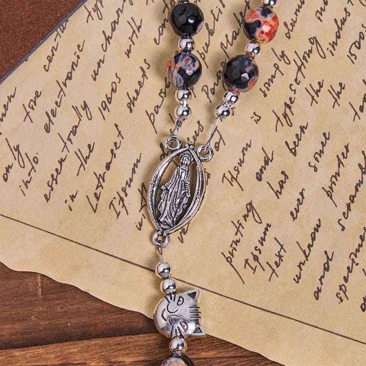 Christianartworkshop Calico Cat Pray Rosary & Bracelets Memorial Set in Artificial Marbling Agate Beads - image 10