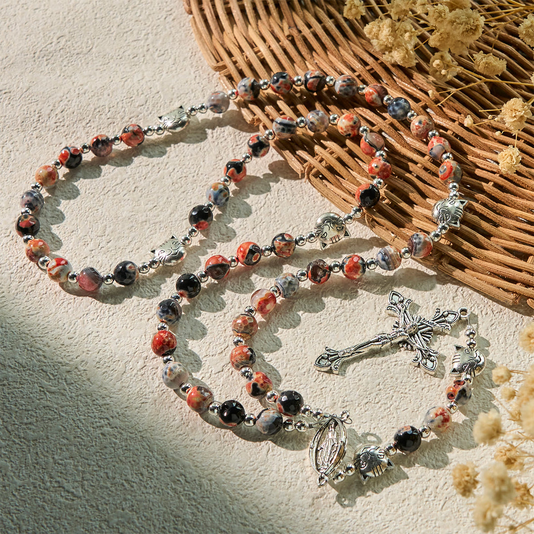 Christianartworkshop Calico Cat Pray Rosary & Bracelets Memorial Set in Artificial Marbling Agate Beads - image 4