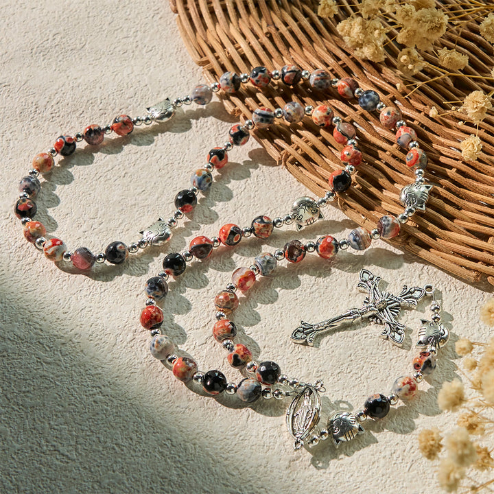 Christianartworkshop Calico Cat Pray Rosary & Bracelets Memorial Set in Artificial Marbling Agate Beads - image 4