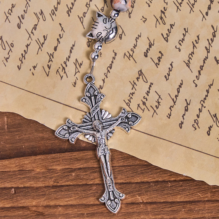 Christianartworkshop Calico Cat Pray Rosary & Bracelets Memorial Set in Artificial Marbling Agate Beads - image 9