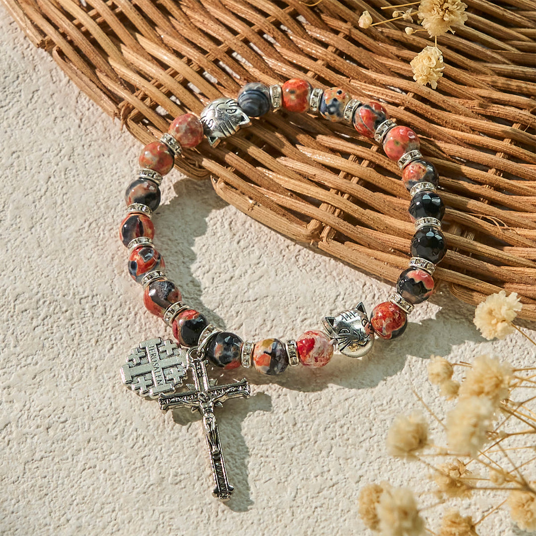 Christianartworkshop Calico Cat Pray Rosary & Bracelets Memorial Set in Artificial Marbling Agate Beads - image 12