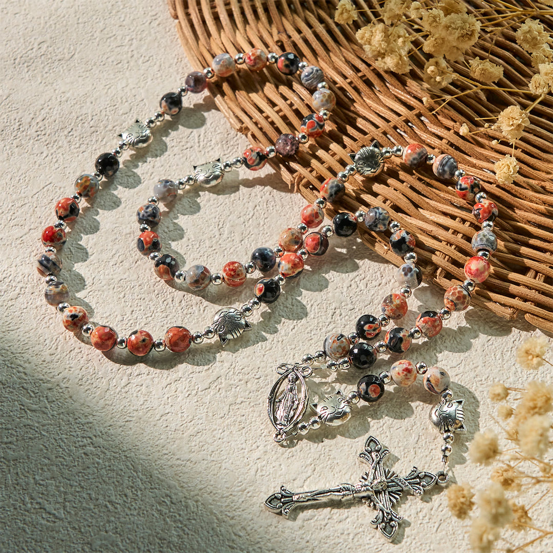 Christianartworkshop Calico Cat Pray Rosary & Bracelets Memorial Set in Artificial Marbling Agate Beads - image 5