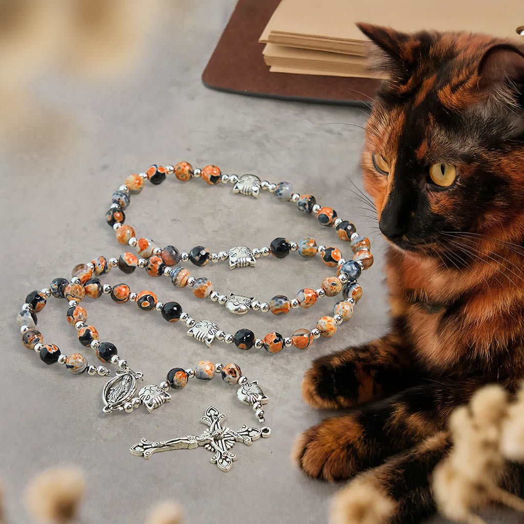 Christianartworkshop Calico Cat Pray Rosary & Bracelets Memorial Set in Artificial Marbling Agate Beads - Rosary - image 1