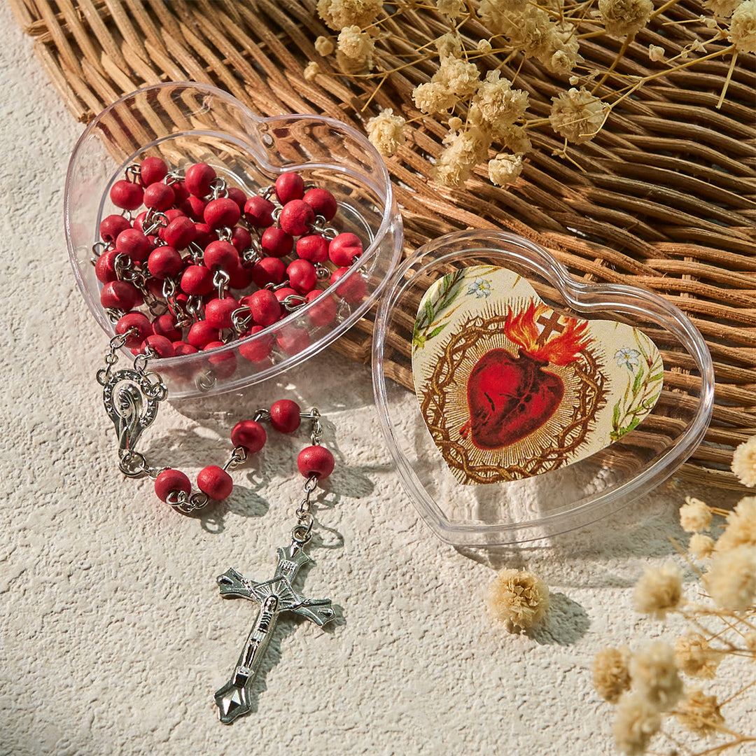 Christianartworkshop Burgundy Round Beads Rosary in Sacred Heart of Jesus Box - Sacred Heart & Crucifix - image 1