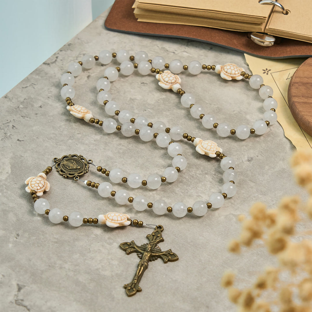 Christianartworkshop Serene White Quartz and Sacred Turtle Prayer Rosary with Miraculous Medal - Turtle Prayer Rosary - image 1