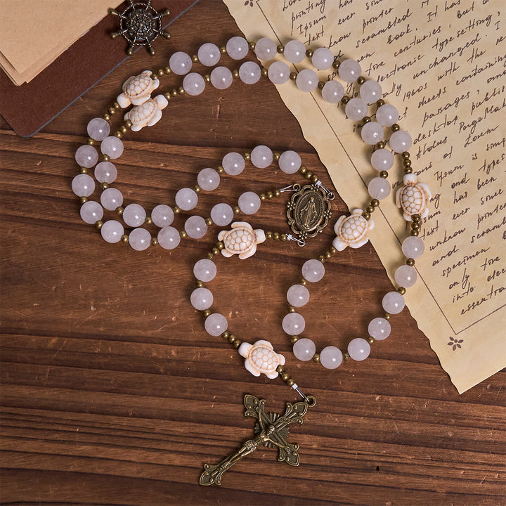 Christianartworkshop Serene White Quartz and Sacred Turtle Prayer Rosary with Miraculous Medal - image 4